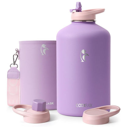 Coolflask Gallon Water Bottle Insulated with PU Leather Sleeve, 128 oz Water Bottle Color Contrast with Straw Lids, Stainless Steel Metal Large Water Jug, Keep Cold 48h Hot 24h,Lilac Purple