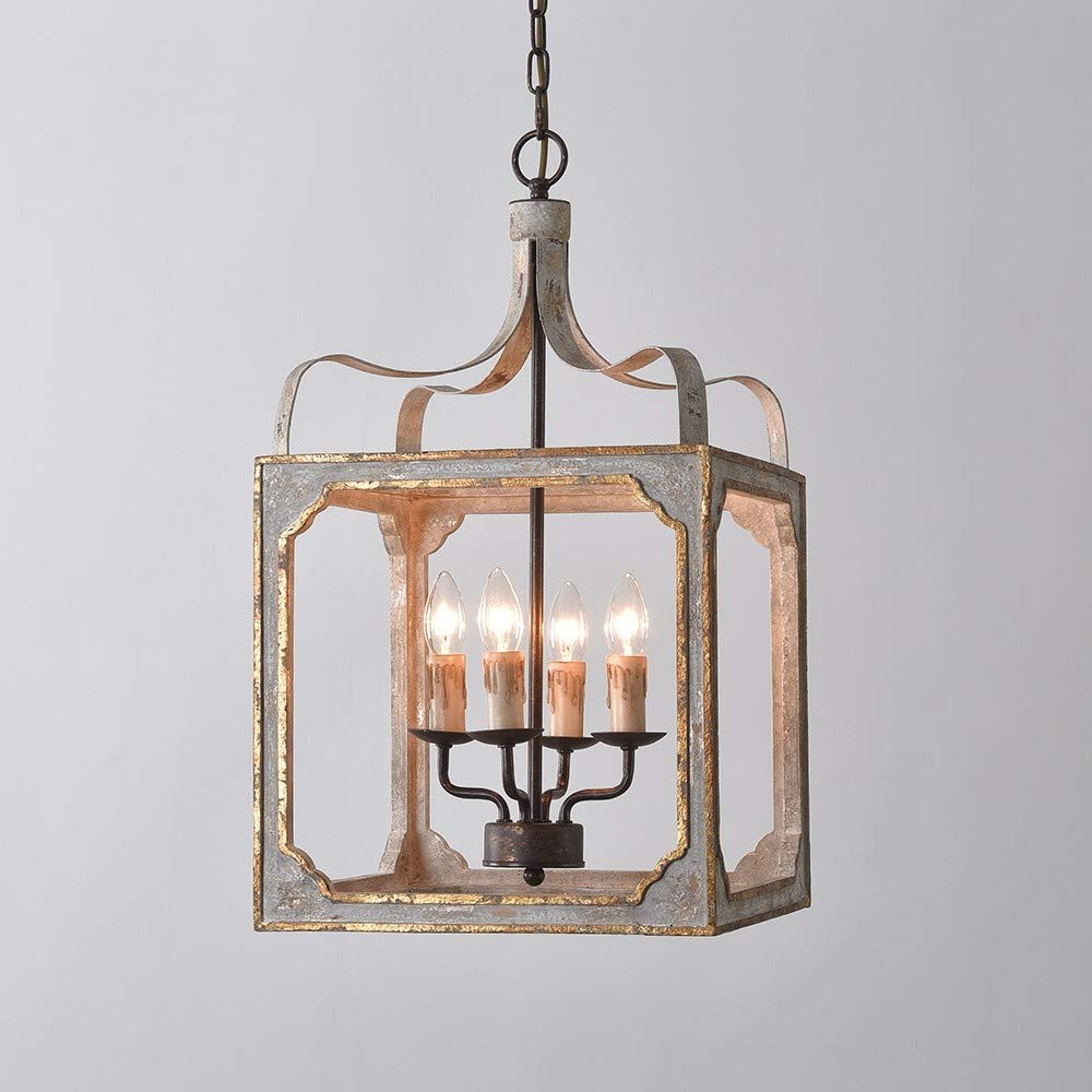 LOVEDIMA French Country Chandelier 4-Light Lantern Pendant Lighting Square Wood Metal Chandeliers Hanging Light Ceiling Light Fixtures in Antique Gray & Antique Gold