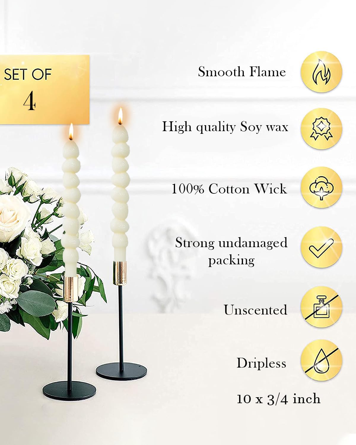 Ivory Taper Candle 10 Inch Pinecone Candlesticks Rustic Decor Unscented Dripless Tapered Candle Set for Christmas Decor Party,4 Pack