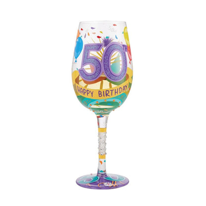 Enesco Designs by Lolita Happy 50th Birthday Hand-Painted Artisan Wine Glass, 15 Ounce, Multicolor