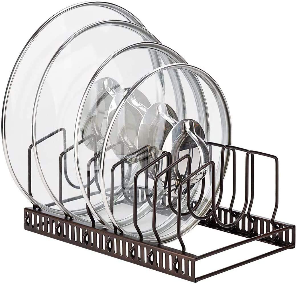 Toplife Pots and Pans Organizer Rack for Cabinet and Countertop, 10+ Pot Lids, Bakeware and Cookware Organizer Rack Holder with 10 Adjustable Compartments - Brown