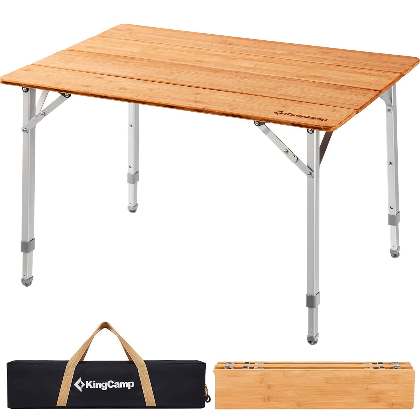 KingCamp Adjustable Height Folding Table, 4-Fold Bamboo Camping Outdoor Portable RV Camp Table with Carry Bag for Outdoor Car Backyard Picnic Tailgating Beach