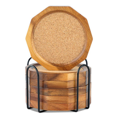 LiWiBet Wood Cork Coasters for Drinks Absorbent with Holder, 4.33in Decagonal Shape Acacia Wood Coaster Set Drink Coasters for Cups, Mugs, and Glasses - Handcrafted, Durable, and Stylish