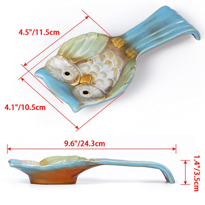 Sanbege Owl Spoon Rest, Ceramic Ladle Holder, Utensil Rester for Stove Top, Kitchen Counter, Dining Table, Coffee Station (Blue)
