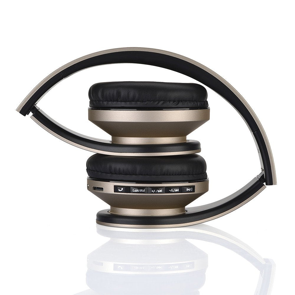 PowerLocus Wireless Bluetooth Over-Ear Stereo Foldable Headphones, Wired Headsets Rechargeable with Built-in Microphone for iPhone, Samsung, LG, iPad (Gold)
