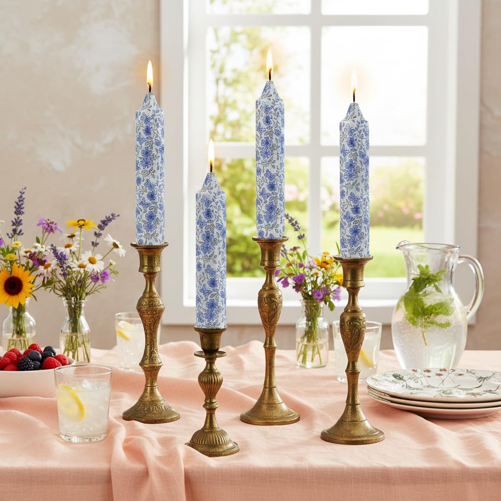 Short Blue and White Taper Candles 7 Inch Handmade Floral Candle Sticks Smokeless Unscented Clean Burning Candles for Meditation Sailing Housewarming Gift Wedding Birthday Home Dinner