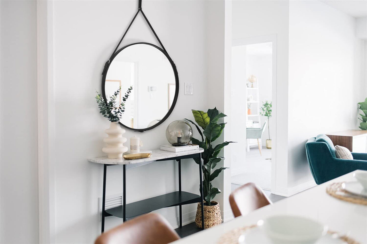 HofferRuffer Round Wall Mirror Decorative Mirror, Hanging Mirror with Hanging Strap Silver Hardware Hooker/Hanger (Brown, 23.6'')
