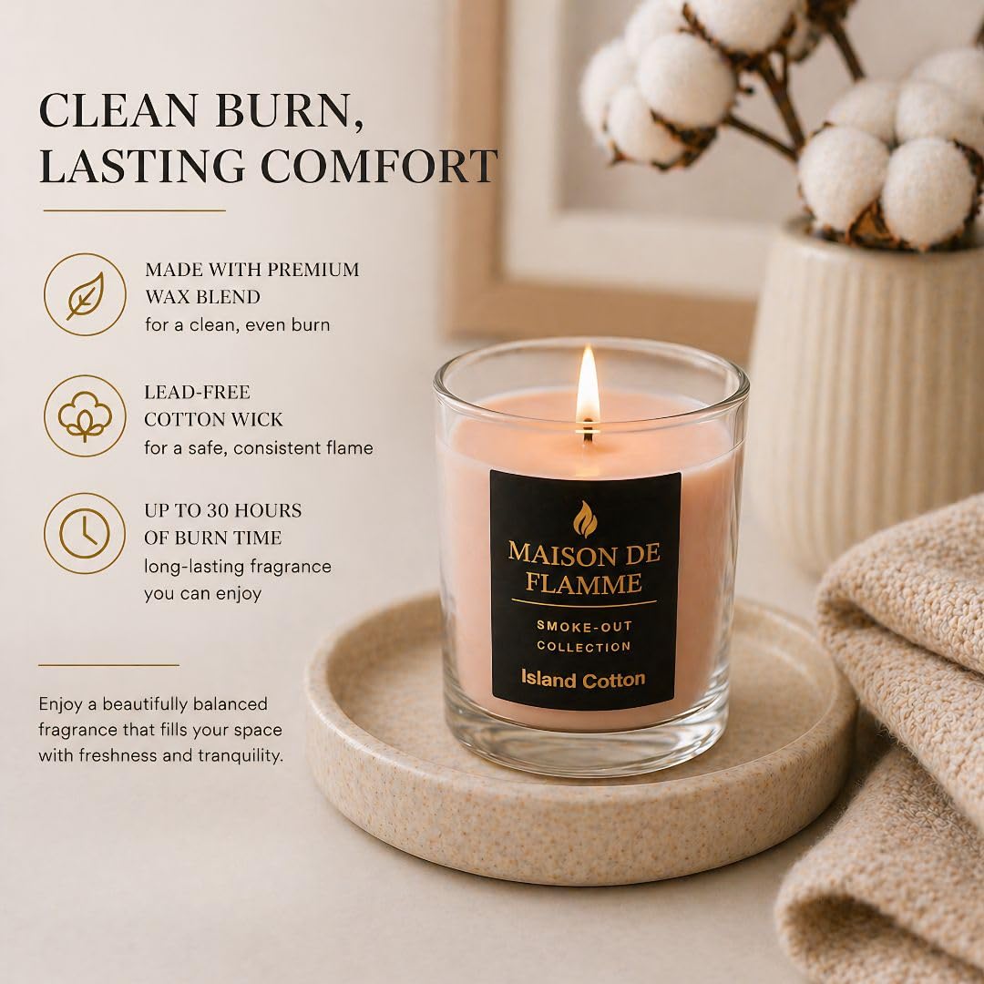 Fresh Linen Scented Candle, Soy Wax Candle for Bathroom, Powder Room & Bedroom, Up to 30 Hour Burn Time, Giftable, Sea Breeze Jasmine and Soft Musk Fragrance, Island Cotton, 5.3 oz – Maison De Flamme