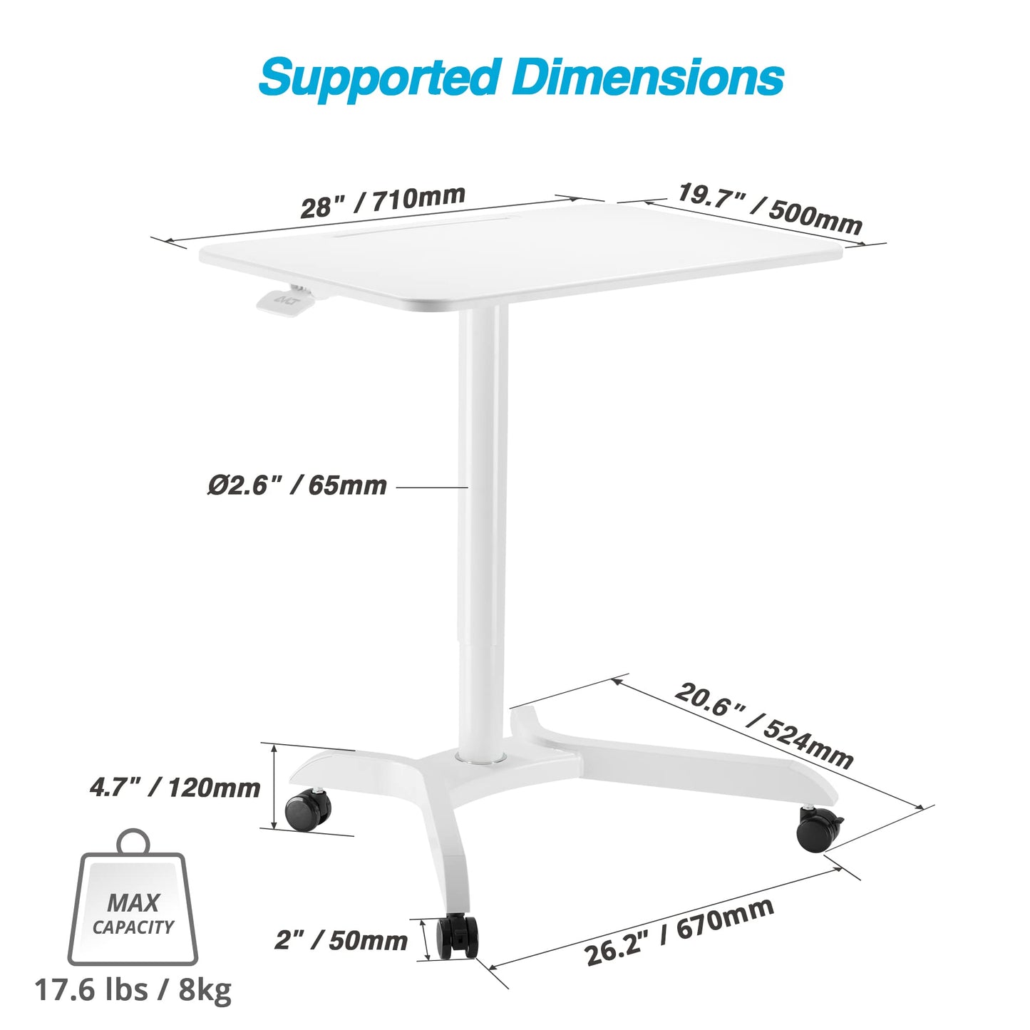 AVLT 48" Ambidextrous Standing Desk, Mobile Adjustable Height Rolling Laptop Desk, Folding Computer Projector Cart with Brake Casters, Portable White Desk for Home Office