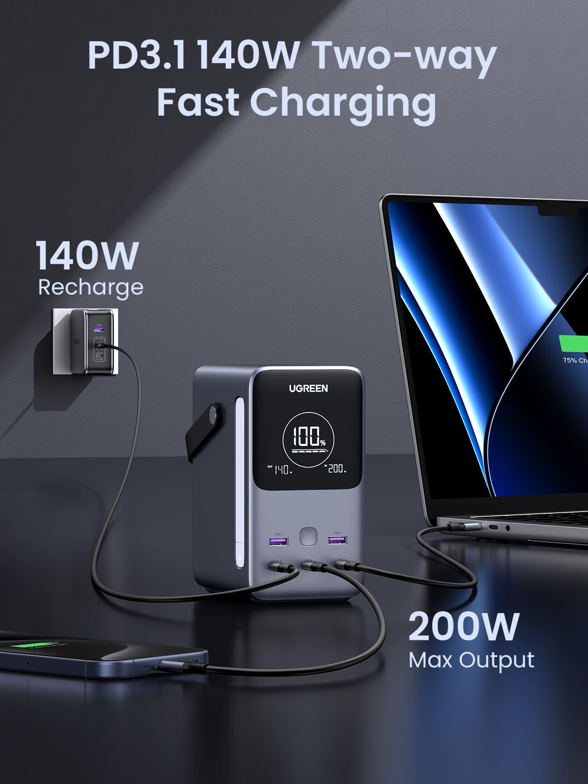 UGREEN 300W 48,000mAh Portable Charger Power Bank with Smart Digital Display, Lighting and SOS Mode, 153Wh 5 Ports USB C Battery Pack for Outdoor Camping and Home Backup for Laptop and More