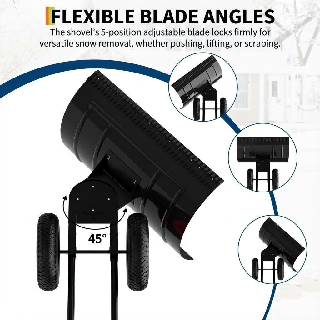 40" Heavy-Duty Wheeled Snow Shovel with Adjustable Handle & Blade – Angled Snow Pusher for Driveway, Sidewalk, Deck & Steps