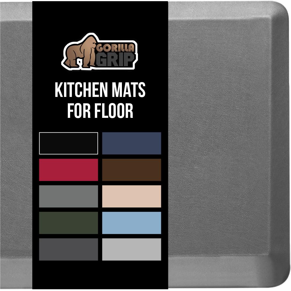 GORILLA GRIP Comfortable Cushioned Kitchen Mats for Floor, 58x20, Waterproof and Stain Resistant Soft Top, 3/4 Inch Thick Ergonomic Standing Desk Anti Fatigue Mat, Foam Supports Ankles and Feet, Grey
