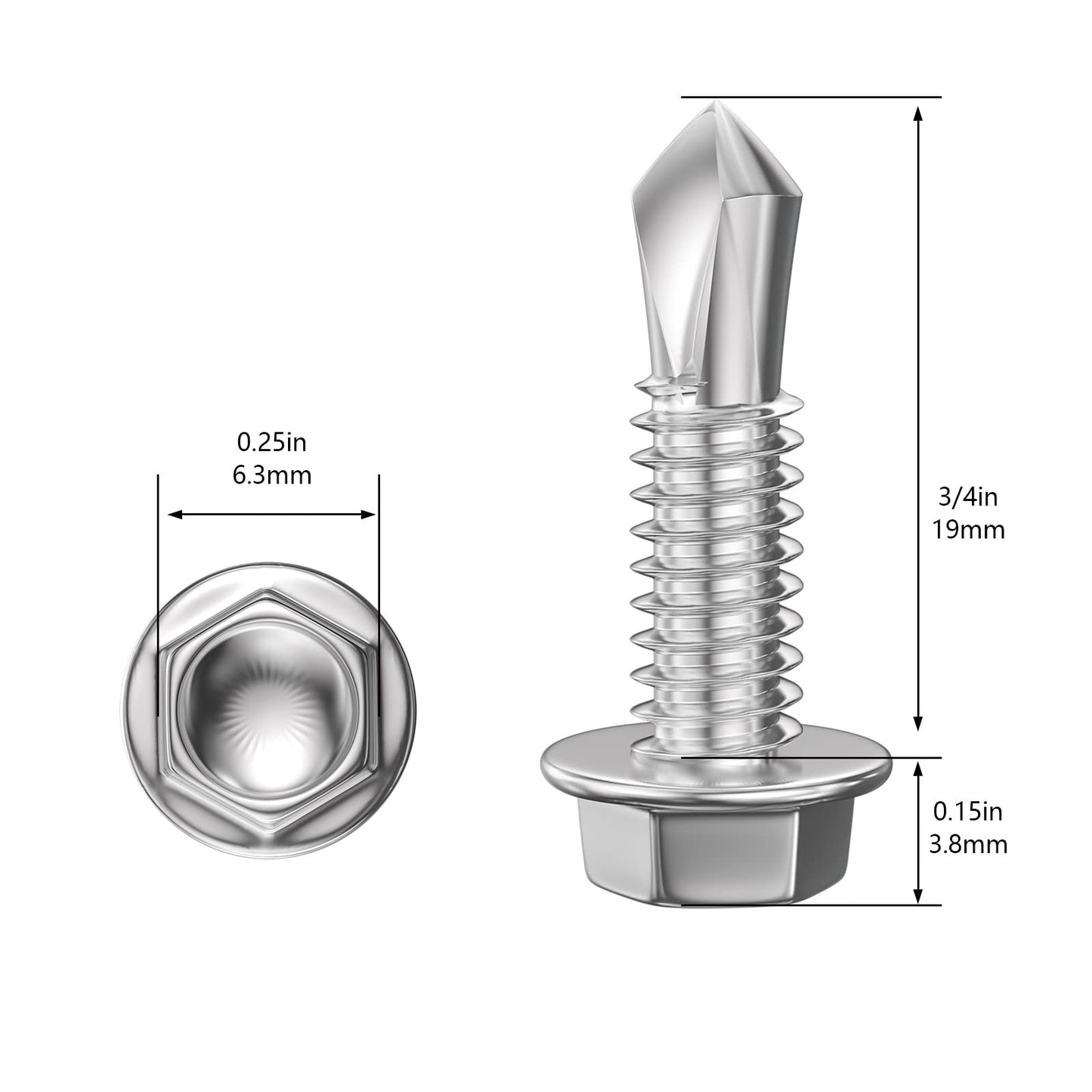 Wensilon (300Pcs) #8×3/4" Hex Washer Head Self Drilling Screws, 410 Stainless Steel Metal SheetScrews，TEK Screws, Sheet Metal Self Tapping Screws