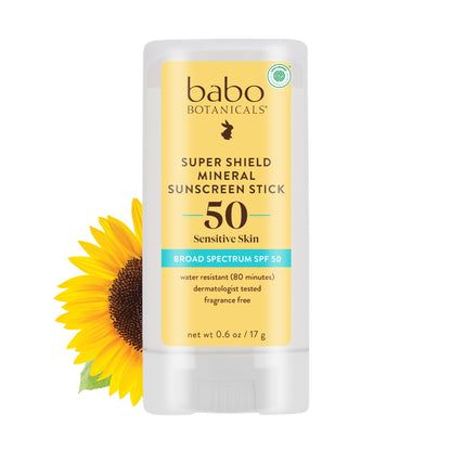 Babo Botanicals Super Shield SPF 50 Stick Sunscreen - 70% Organic Ingredients - Natural Zinc Oxide - For all ages - NSF & MADE SAFE Certified - EWG Verified - Water Resistant - Fragrance-Free