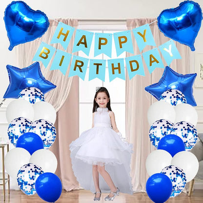 Huture 11th Birthday Party Supplies - Blue & White Foil Balloons, Happy Birthday Banner Kit, Latex Confetti, Star Balloons - Great Gift for Girls & Boys