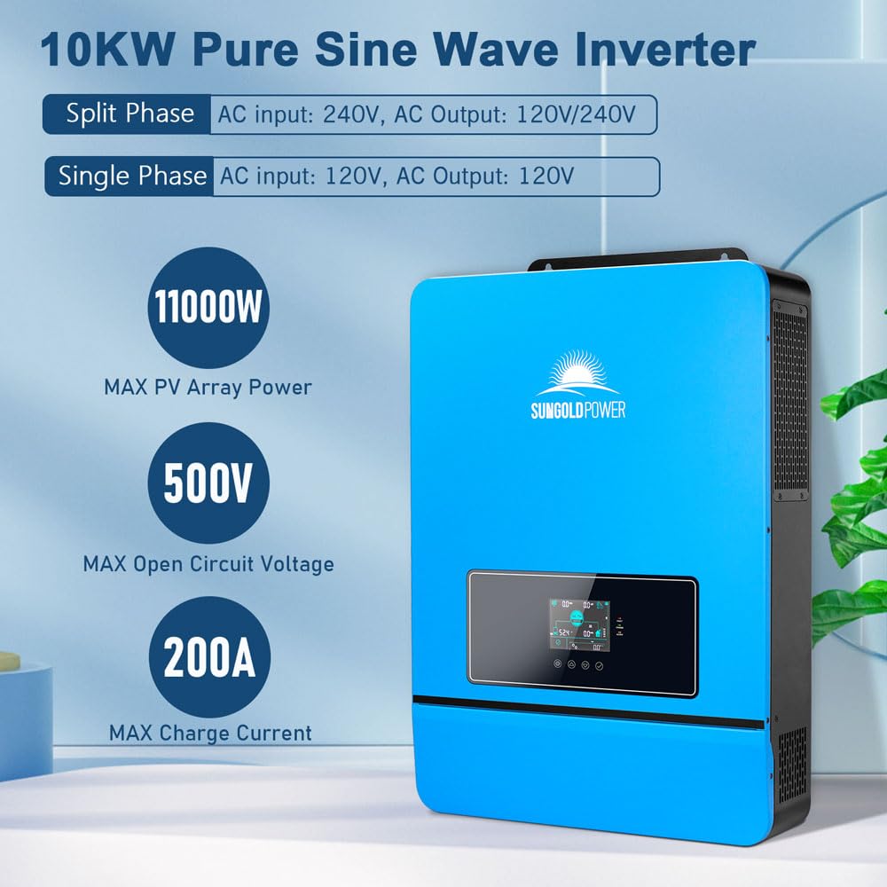 SUNGOLDPOWER 10000W 48V Solar Inverter, Built-in 2 MPPTs, Max 200A Battery Charging, Split Phase AC Input/Output 120V/240V(settable),Pure Sine Wave (WiFi and BMS COMM) UL1741 SPH10048P