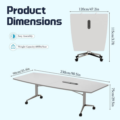 7.5 FT Large Folding Conference Table,Training Seminar Tables for 6-8 People,Built-in Wireless Charger and Power Box,Metal Legs Rolling Training Table for Office (4, White, 90.5"L×35.4“W×29.5"H)