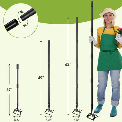 Garden Hoe, 4 Tines Hand Weeding Hoe Garden Tool and Cultivator Long Handle 62", Action Stirrup Scuffle Field Digging Hoe Heavy Duty for Lawn Gardening Weed