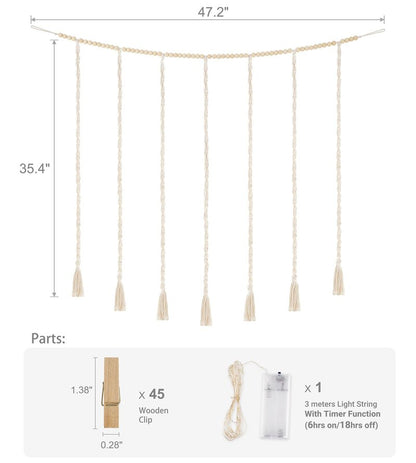 Mkono Macrame Hanging Photo Display Wall Decor with String Lights, Boho Wooden Beads Garland Collage Picture Card Frame Holder with 45 Clips for Bedroom Living Room Dorm, Teen Girls Christmas Gifts
