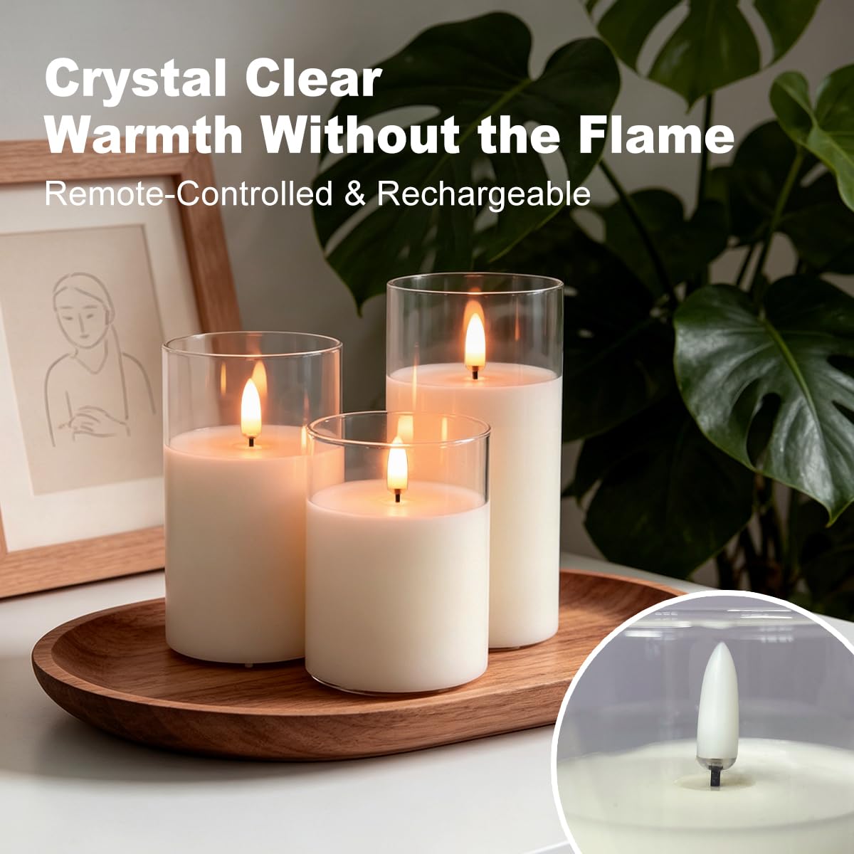 Rechargeable Flameless Glass Pillar Candles – Real Wax Flameless Candles Home Decorations,–Set of 3, Realistic Flickering LED Light,Remote & Timer, Ideal for Living Room, Bedroom & Festival Décor