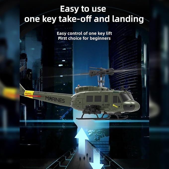 C032 UH-1 Huey RC Helicopter for Adults - 1/48 Scale 2.4G 6CH Flybarless Remote Control Helicopter Model 3D Stunt Flight &amp High-Precision RC Airplane (Green (3 Batteries))