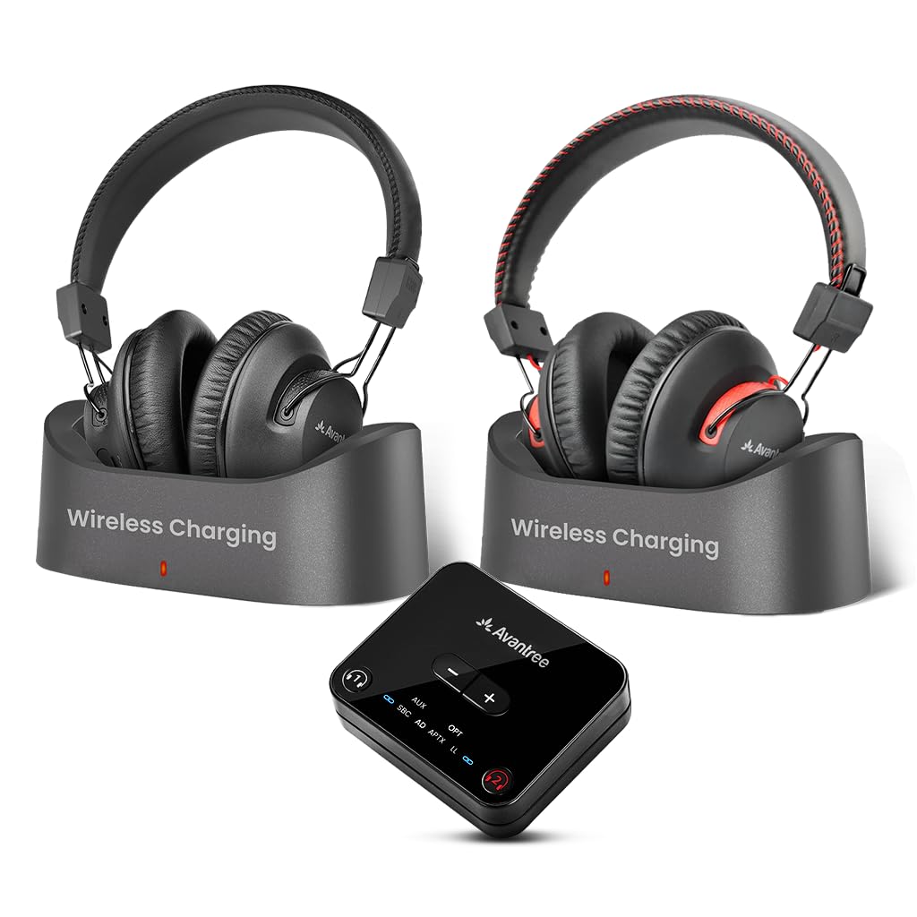 Avantree HT41899 Plus 2 - Dual Bluetooth Wireless Headphones for TV Watching with Transmitter & Charging Docks, aptX Adaptive & Low Latency Support, Compatible with Optical & 3.5mm AUX TVs