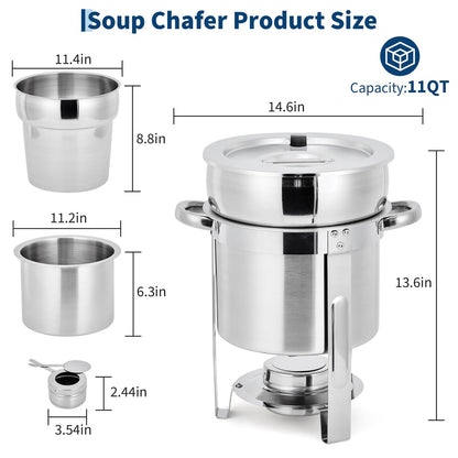 GarveeHome 11QT Soup Chafer Set of 2, Stainless Steel Round Soup Warmer with Pot, Notched Lids & Fuel Holders, Commercial Food Warmer for Buffets, Events and Party Service