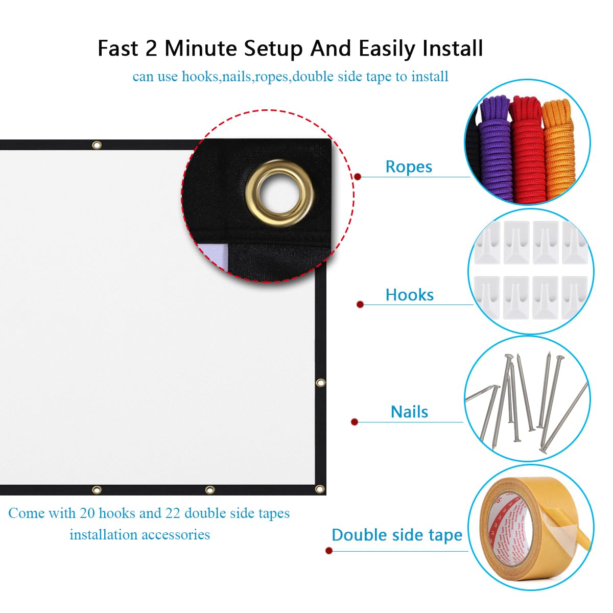 Mdbebbron 150 inch Projection Screen 16:9 Foldable Anti-Crease Portable Projector Movies Screen for Office Home Theater Outdoor Indoor Support Double Sided Projection