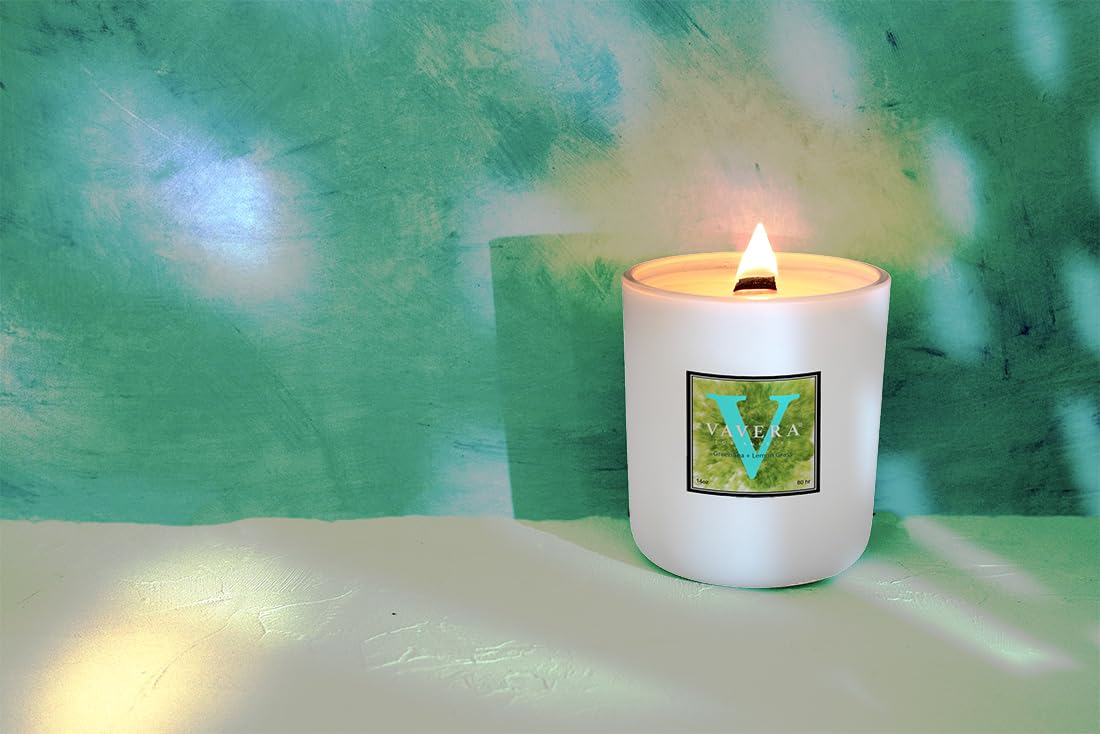 VAVERA Green Tea + Lemongrass Wood Wick Candles that Crackle, 11oz Matte White w/lid, an Amazing Spa Like Fragrance. Crossover Scent for Her or Him! Soy, Vegan, Non Toxic. Hand-Crafted in USA.