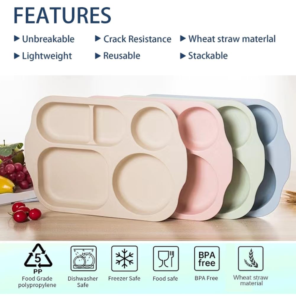 PUPOPIK 12 Inch Divided Plates4 PCS - Reusable Unbreakable Wheat Straw Plates, Dinnerware Lunch Tray Plates Tableware for Kitchen, Picky Eaters, Campers and Portion Control (Blush)