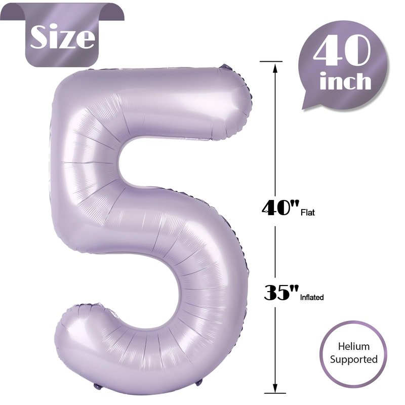 Lilac 5 Balloon, Number Balloons 40 Inch, 5th Birthday Balloon Decorations, Lavender Party Supplies, 5 Number Balloons, Number 5 Balloon