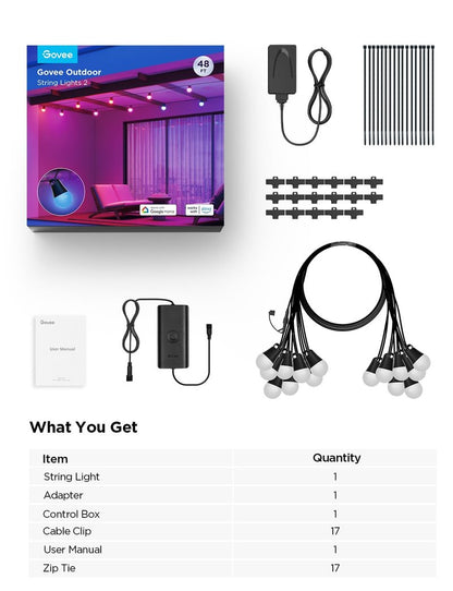 Govee Smart Outdoor String Lights 2, 48ft Outdoor Lights with Dimmable Warm White LED Bulbs, 47 Scene Modes for Patio, Backyard, Balcony, IP65 Waterproof, Works with Alexa, App Control