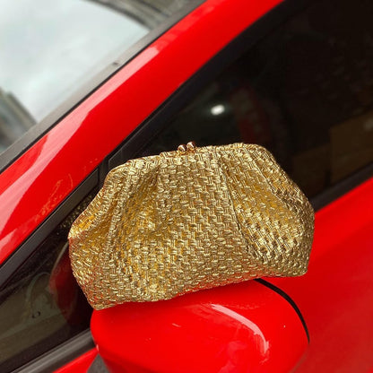 CUXVA Woven Pattern Clutch Purse Ruched Dumpling Evening Bag Chain Strap Handbags Elegant PU Leather Clutch Bag