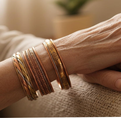 Touchstone copper bracelets | gift for men women |adjustable 100% pure solid real magnetic jewelry | handmade bracelet set combo | rope braided tibetan bangles. Set of 4 different designs