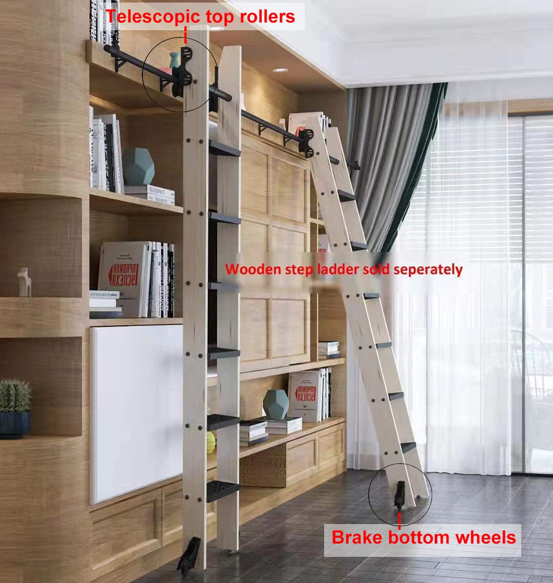 DIYHD 9.9FT Sliding Library Ladder Black Track Kit,Stand Up Tensible Rolling Hardware,Brake Bottom Wheels