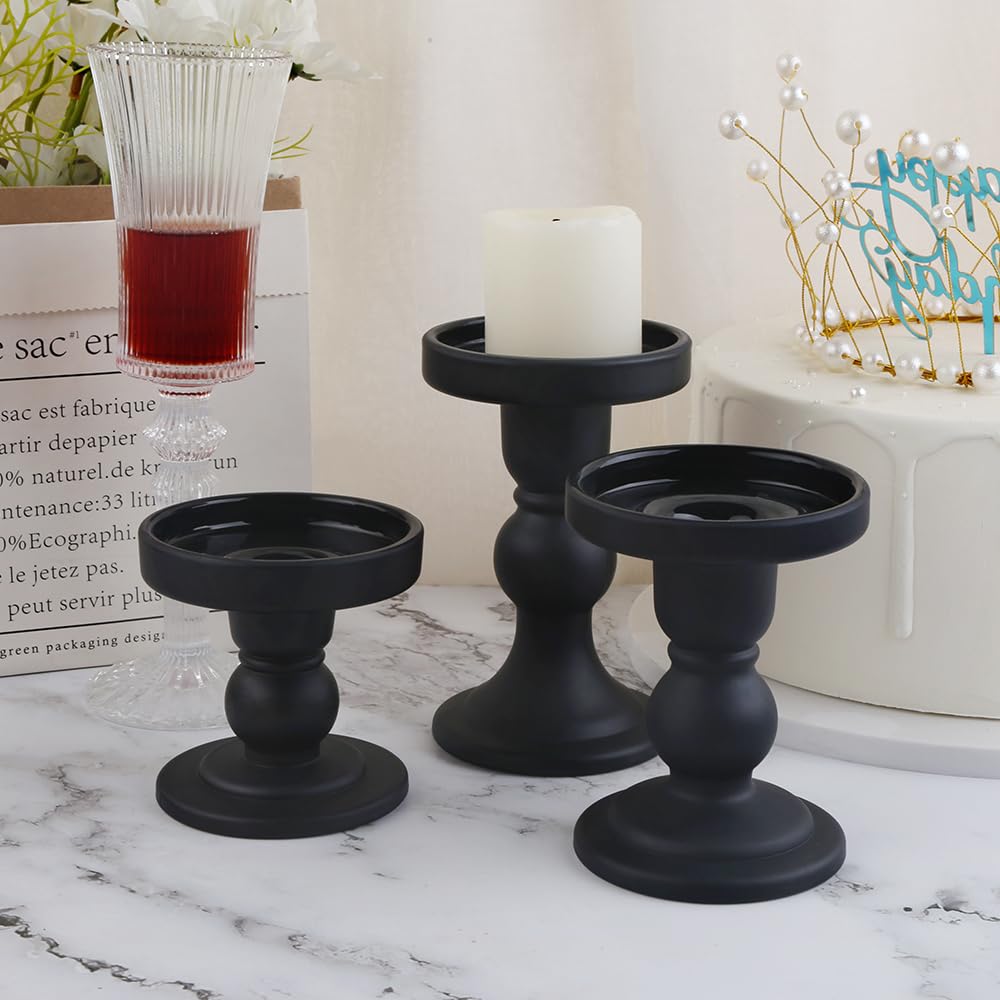 BTGLLAS 3-Piece Set of Black Glass Candlestick, Crystal Candlestick Holder Holder and Conical Candle, Christmas Candle Holder Decoration, Family Living Room Wedding Candle Holder (black1set)