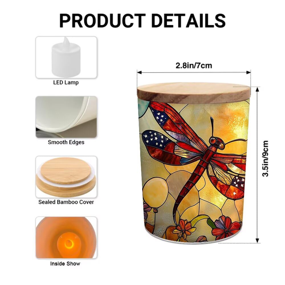 Stained Glass Dragonflies Tea Light Candle Holders, Pastoral Wildflowers Tealight Candle Holder Jar with Wooden Lid, Votive Candlesticks for Table Centerpieces, Christmas,Birthday Party