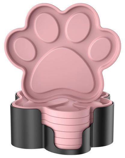 ME.FAN Silicone Coasters 6 Pack Paw Cup Mat with Holder, Dog Cat Paw Shape, for Hot or Cold Drink, Non-Slip, Non-Stick, Room Decor, Housewarming Dusty Rose