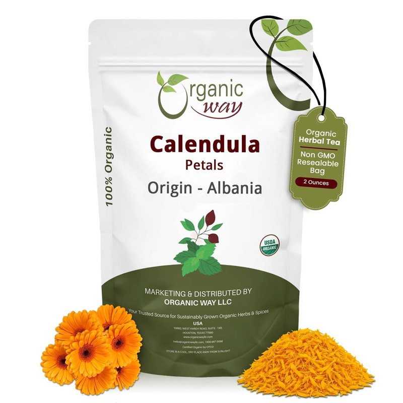 Organic Way Dried Calendula Flower Petals | Herbal Tea (Calendula officinalis) - European Wild-Harvest | Organic & Kosher Certified | Non GMO & Gluten Free | USDA Certified - Origin - Albania (2Oz)