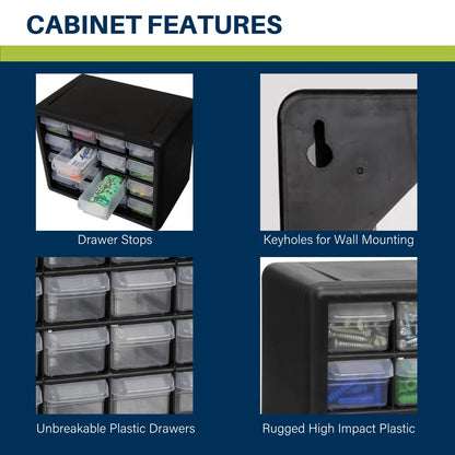 Akro-Mils 16-Drawer Plastic Drawer Storage Cabinet for Garage Organization, Beads, Makeup Organizer, Building Bricks Storage, Teacher Toolbox, 10-1/2-Inch W x 6-1/2-Inch D x 8-1/2-Inch H, 10116 Black