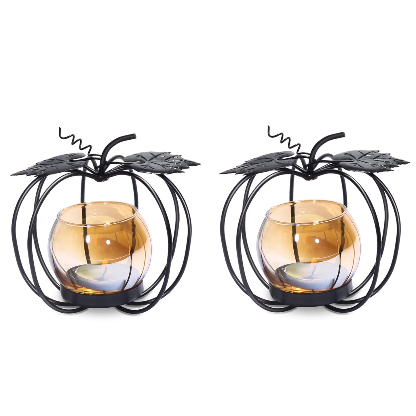 Pumpkin Glass Votive Candle Holder, Set of 2, Decorative Matte Black Iron Tea Light Candle Holder for Home Décor, Thanksgiving Decoration, Halloween Table Decor