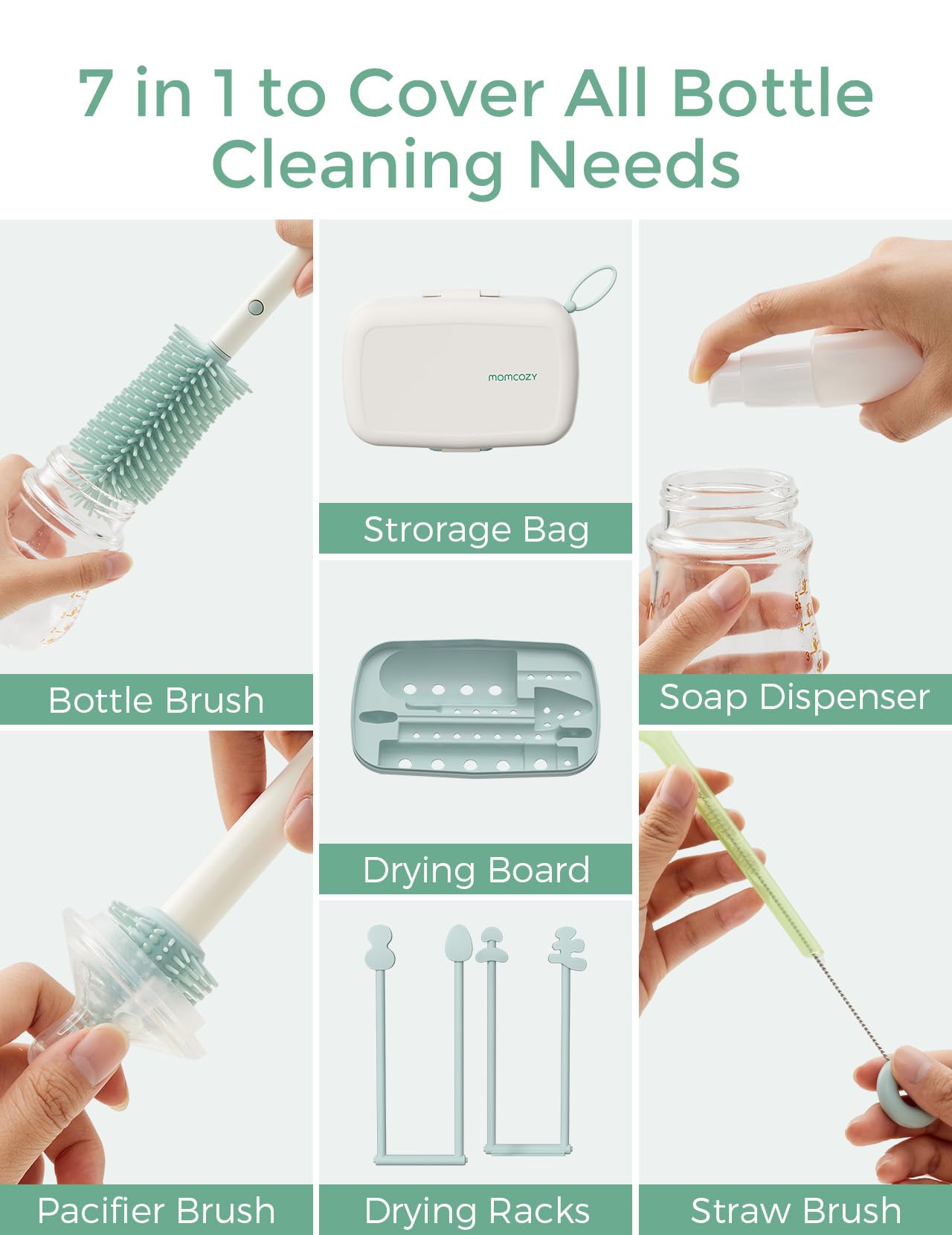 Momcozy Bottle Brush Set - Baby Bottle Cleaner Kit with Silicone Brush, Nipple Brush, Straw Brush, Soap Dispenser, Drying Rack - 7 in 1 Bottle Cleaning Tool for Home and Travel