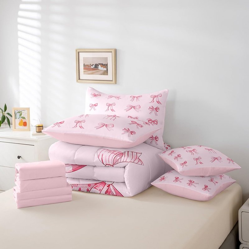 Feelyou Pink Bowknots Decoration 7 Piece Bedding Set Twin Size for Girls Pink Bow Dreamy Kids Bed in a Bag Girly Pink Bed Set