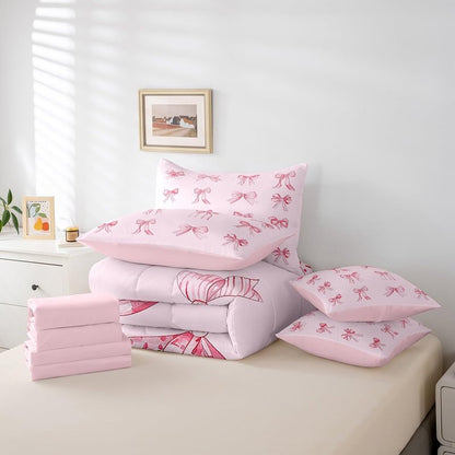 Feelyou Pink Bowknots Decoration 7 Piece Bedding Set Twin Size for Girls Pink Bow Dreamy Kids Bed in a Bag Girly Pink Bed Set