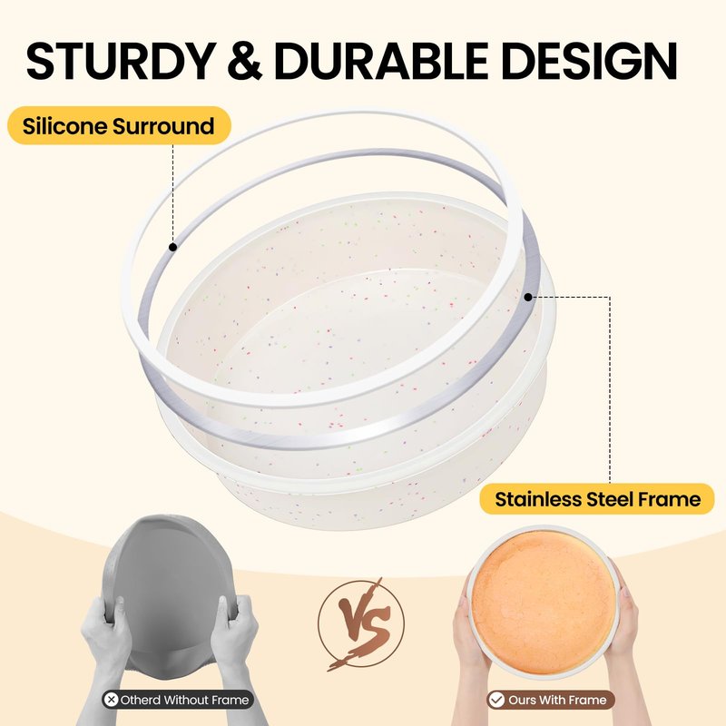 Vinino 8 Inch Silicone Round Cake Pan with Metal Reinforced Frame Set of 2, Nonstick Silicone Springform Pan for Baking Suitable for Making Layers, Cheese & Chocolate Cakes
