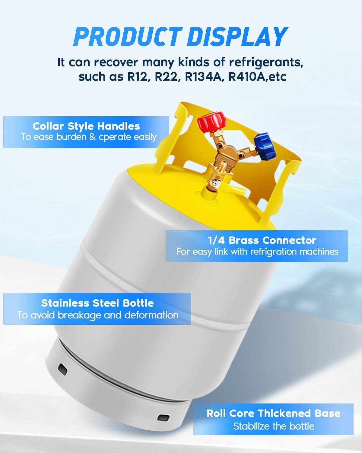 FAHKNS Refrigerant Recovery Tank 30 LB with 1/4 SAE Y-Valve Reusable Cylinder Tank Without Float Switch R12 R22, R134A, R410A etc Refrigerant Freon Recovery Tank Gray Yellow Gray Yellow