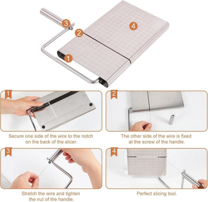 Direvcdro Stainless Steel Cheese Slicer with 5 Replacement Wires Adjustable Cheese Cutter and Cutting Board - For Block Cheese with Precision Scale for Gadget，Charcuterie etc