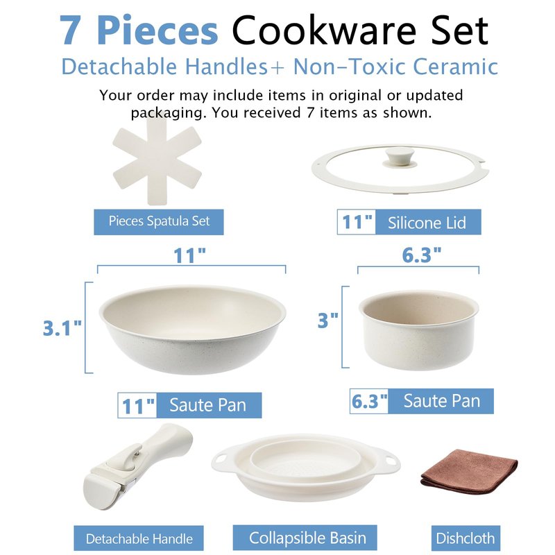 VIVIDCOOKWARE 7Pcs Non Stick Pots and Pans Set, Ceramic Cookware Set with Detachable Handle, PFAS-Free, Oven & Induction Safe (White)