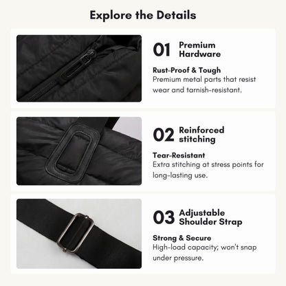 Puffer Weekender Bag for Women, Quilted Duffle Bag with Pouch, Water-Resistant Gym Bag, Large Tote Travel Bag for Hospital Nurse Diaper Bag, Lightweight Carry on Bag, Black