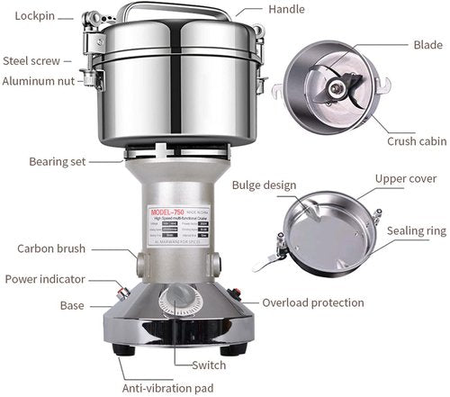 Grain Mill Grinder 750g High Speed Electric Stainless Steel Grinder Cereals Corn Flour Pulverizer Powder Machine for Dry Spice Herbs Grains Coffee Rice Pepper